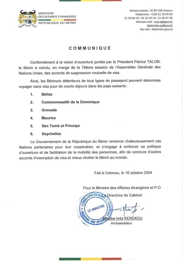 Relations internationales: suppression de Visa aux béninois dans six nouveaux pays