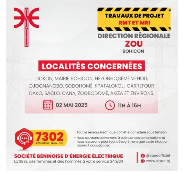 Département du Zou : des interruptions électriques annoncées dans plusieurs localités pour ce vendredi