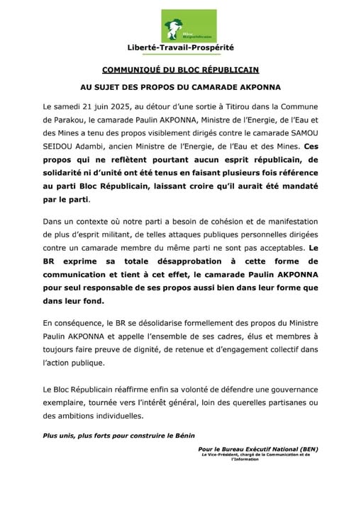 Propos de Paulin Akponna : le Bloc Républicain se désolidarise de l’ancien ministre