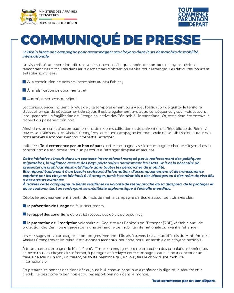 Pour une mobilité internationale réussie: le Bénin lance la campagne "Tout commence par un bon départ"