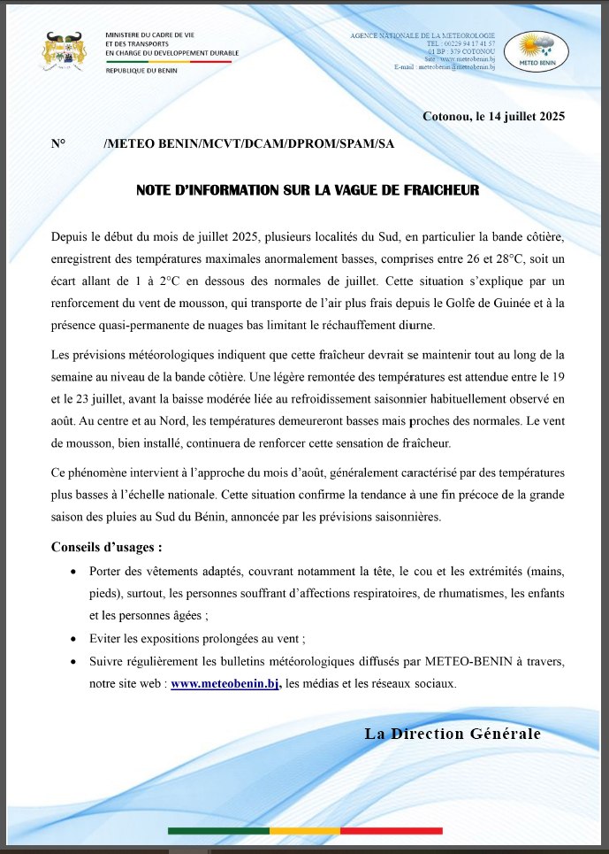 Vague de fraîcheur inhabituelle au Sud du Bénin : Météo-Bénin alerte et recommande
