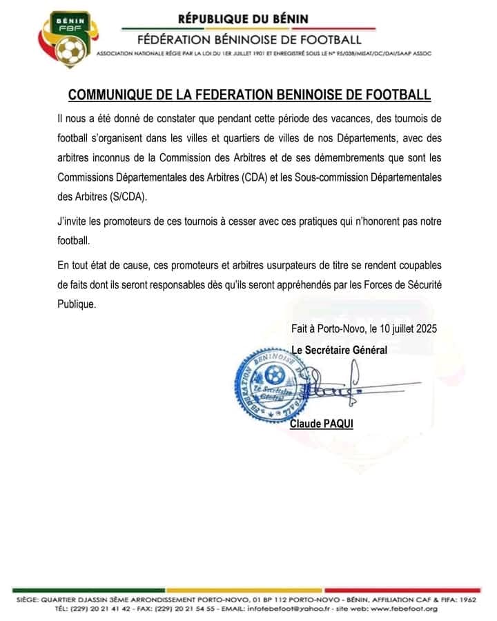 Arbitrage tous-azimuts des tournois de football pendant les vacances: la Fédération béninoise de football menace et met en garde