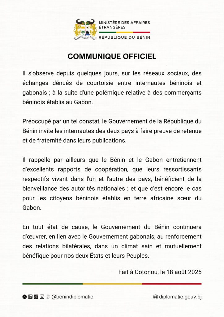 Tensions Bénin-Gabon : la diplomatie béninoise fait preuve de maturité et appelle à l'apaisement