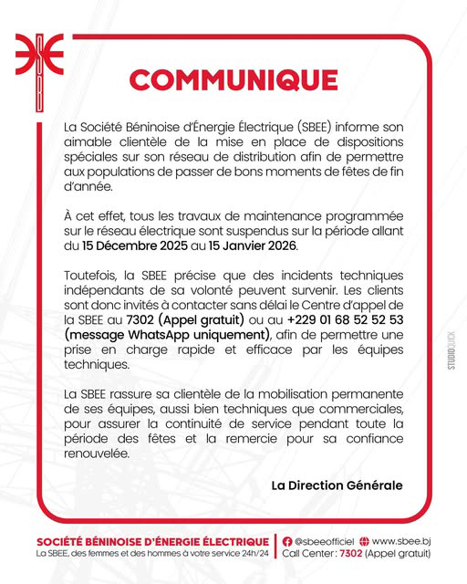 Pour garantir  l’énergie électrique durant la période des fêtes : La SBEE suspend les travaux de  maintenance programmés sur ses réseaux.