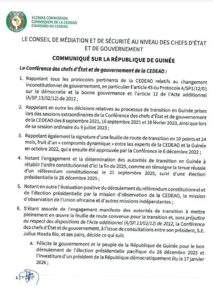 Transition achevée en Guinée : Conakry dans les bonnes grâces de la Cédéao.