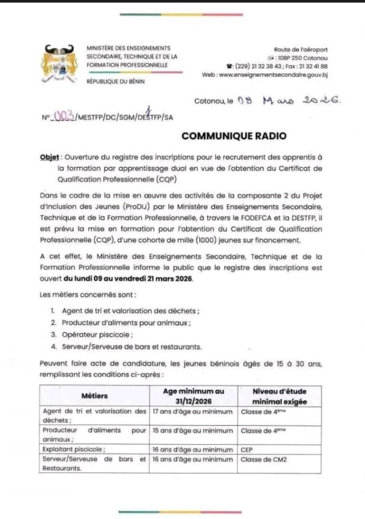 Formation technique : Bientôt 1000 Jeunes formés au Bénin.
