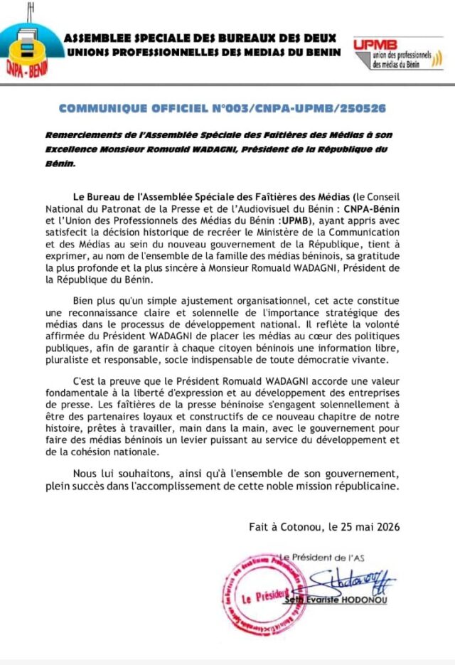 Retour du Ministère de la communication : Les faîtières des médias saluent la clairvoyance de Romuald Wadagni.